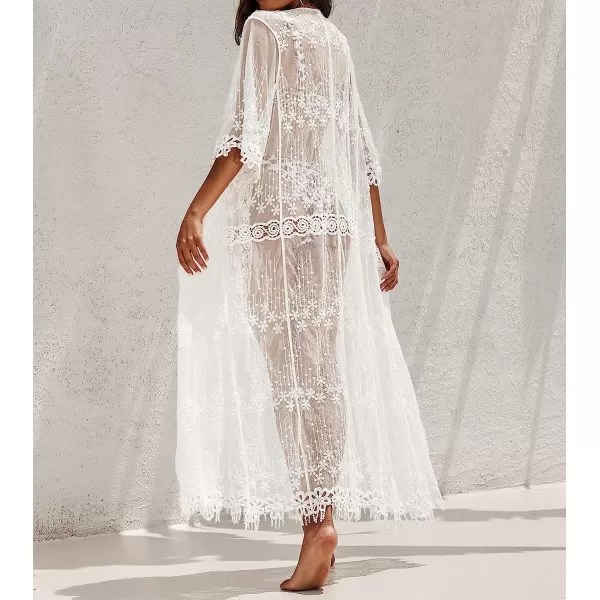 imageCUPSHE Womens Beach Cover Up Crochet Insert MidCalf Kimono with Short SleeveWhite