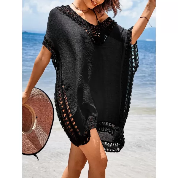 imageCUPSHE Womens Beach Cover Up Kaftan Split Crochet Pull Over Loose WaistBlack