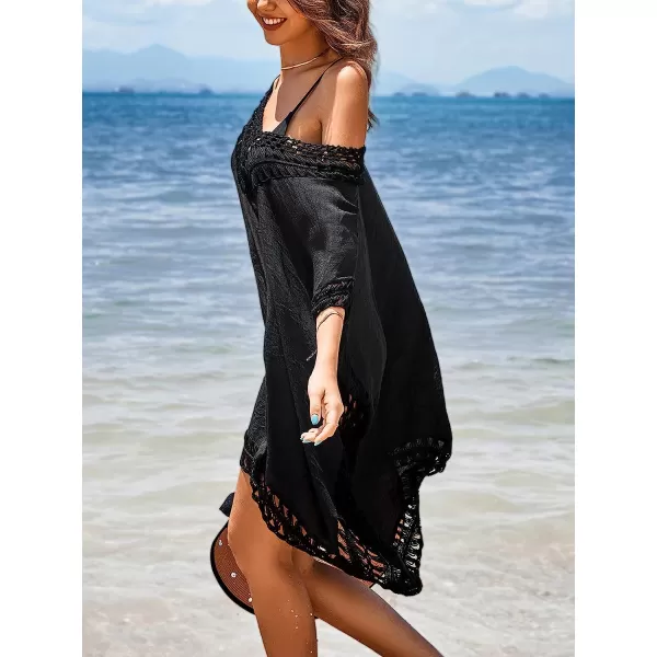imageCUPSHE Womens Beach Cover Up Kaftan Split Crochet Pull Over Loose WaistBlack