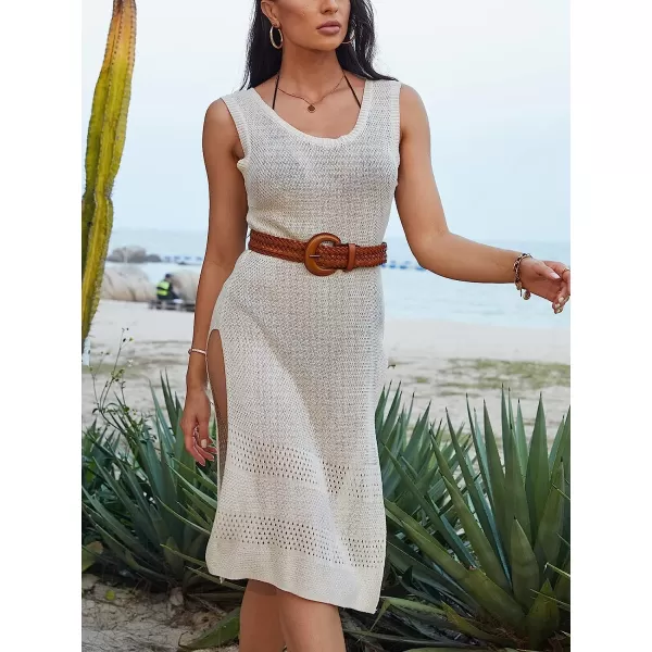 imageCUPSHE Womens Beach Cover Up Split Round Neck Scoop Back Pull Over Loose Waist BeigeBeige