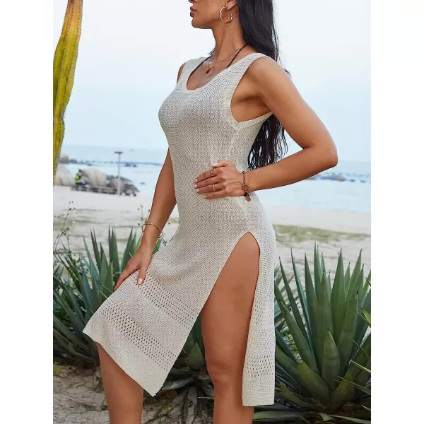 imageCUPSHE Womens Beach Cover Up Split Round Neck Scoop Back Pull Over Loose Waist BeigeBeige