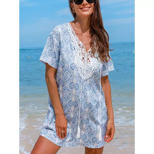 imageCUPSHE Womens Beach Cover Up Summer Mini Dress Lace V Neck Coverups Short Sleeves Ethnic Tassel 2024Ethnic White Blue