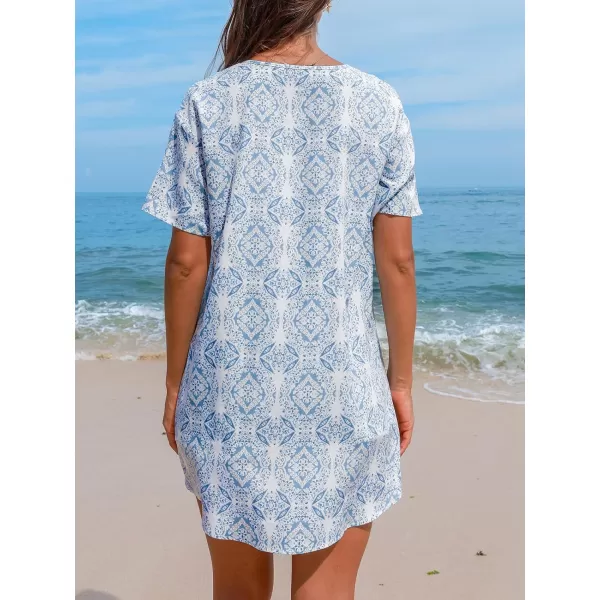 imageCUPSHE Womens Beach Cover Up Summer Mini Dress Lace V Neck Coverups Short Sleeves Ethnic Tassel 2024Ethnic White Blue