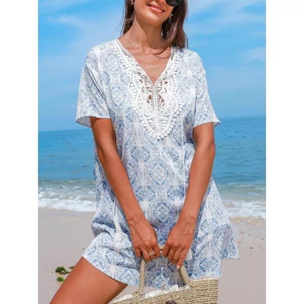 imageCUPSHE Womens Beach Cover Up Summer Mini Dress Lace V Neck Coverups Short Sleeves Ethnic Tassel 2024Ethnic White Blue