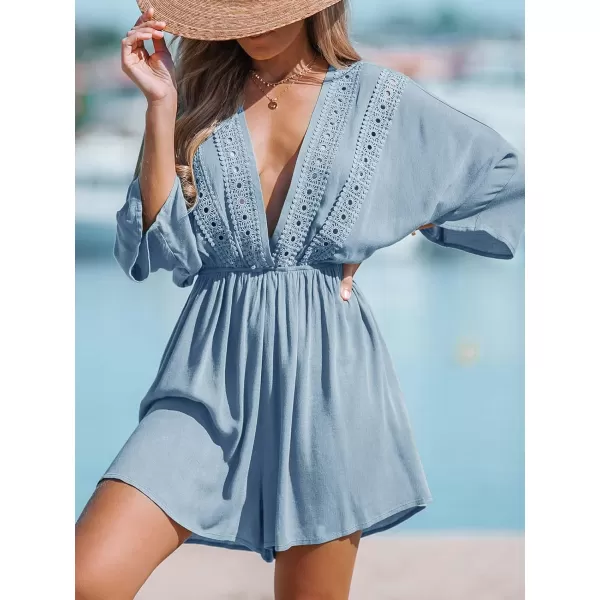 imageCUPSHE Womens Beach Cover Ups Deep V Neck Drop Sleeve Swimsuit Coverup Romper Floral Eyelet BeachwearBlue