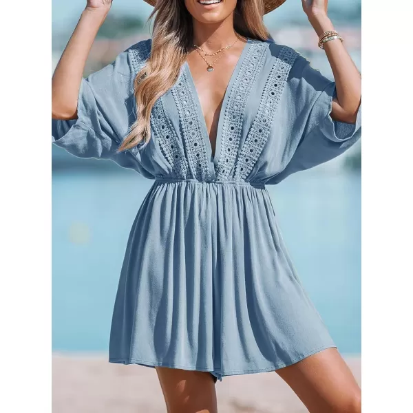 imageCUPSHE Womens Beach Cover Ups Deep V Neck Drop Sleeve Swimsuit Coverup Romper Floral Eyelet BeachwearBlue