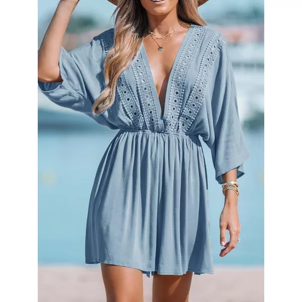 imageCUPSHE Womens Beach Cover Ups Deep V Neck Drop Sleeve Swimsuit Coverup Romper Floral Eyelet BeachwearBlue