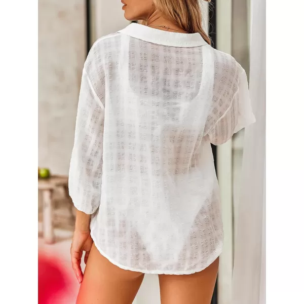 imageCUPSHE Womens Beach Cover Ups Swimwear Bathing Suit Cover Up V Neck Button ShirtOffwhite