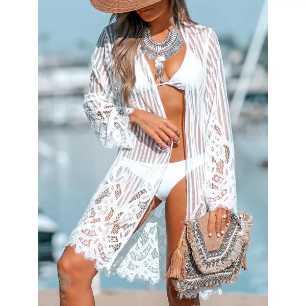 imageCUPSHE Womens Beach Cover Ups Swimwear Bathing Suit Cover Up V Neck Long Sleeve Lace Embroidery Cover UpWhite