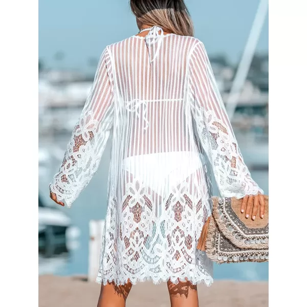 imageCUPSHE Womens Beach Cover Ups Swimwear Bathing Suit Cover Up V Neck Long Sleeve Lace Embroidery Cover UpWhite