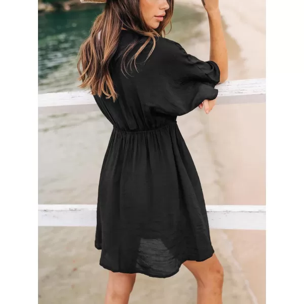 imageCUPSHE Womens Beach Cover Ups Swimwear Bathing Suit Cover Up V Neck Mini Embroidered Cover Up DressBlack