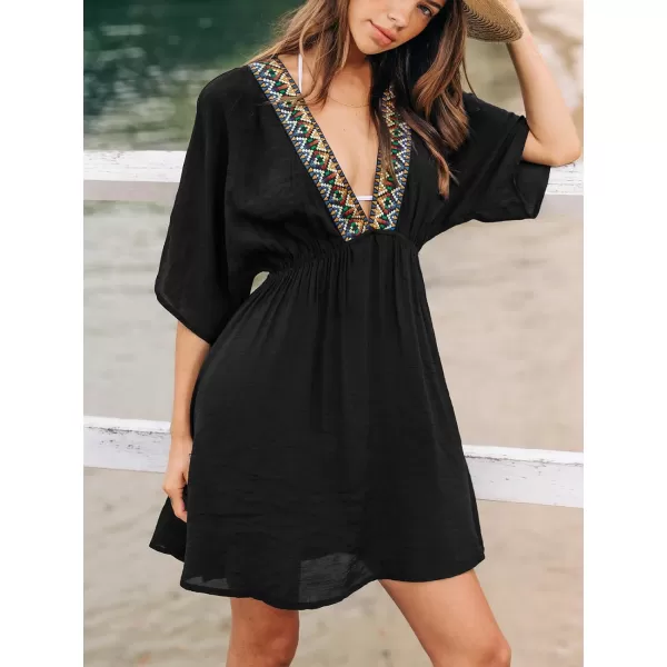 imageCUPSHE Womens Beach Cover Ups Swimwear Bathing Suit Cover Up V Neck Mini Embroidered Cover Up DressBlack