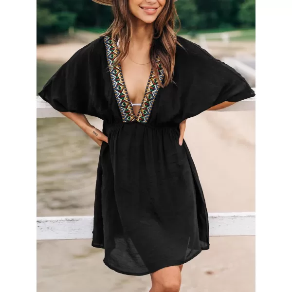 imageCUPSHE Womens Beach Cover Ups Swimwear Bathing Suit Cover Up V Neck Mini Embroidered Cover Up DressBlack