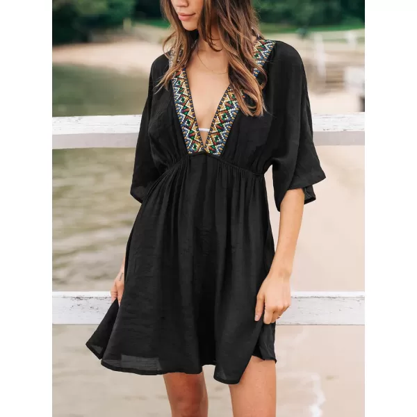 imageCUPSHE Womens Beach Cover Ups Swimwear Bathing Suit Cover Up V Neck Mini Embroidered Cover Up DressBlack