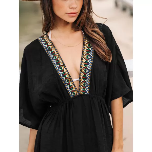 imageCUPSHE Womens Beach Cover Ups Swimwear Bathing Suit Cover Up V Neck Mini Embroidered Cover Up DressBlack