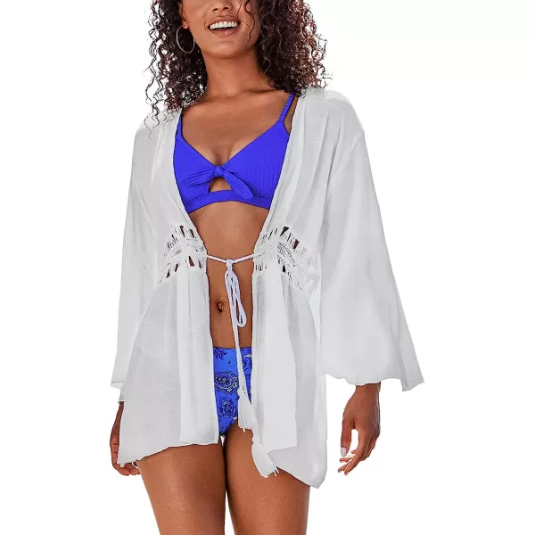 imageCUPSHE Womens Bell Sleeve Tassel Drawstring Short KimonoWhite