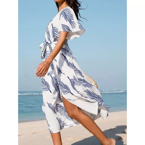 imageCUPSHE Womens Belted Abstract Leaf Print Midi Dress Short Sleeves V Neck Dresses Casual SummerBlue Leaves
