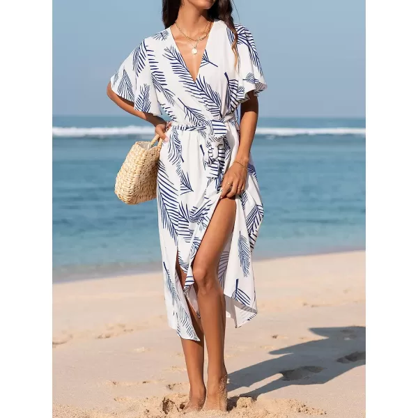 imageCUPSHE Womens Belted Abstract Leaf Print Midi Dress Short Sleeves V Neck Dresses Casual SummerBlue Leaves