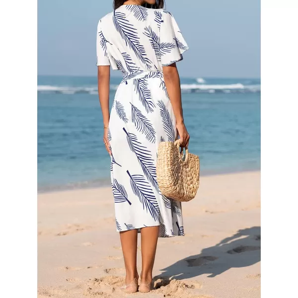 imageCUPSHE Womens Belted Abstract Leaf Print Midi Dress Short Sleeves V Neck Dresses Casual SummerBlue Leaves
