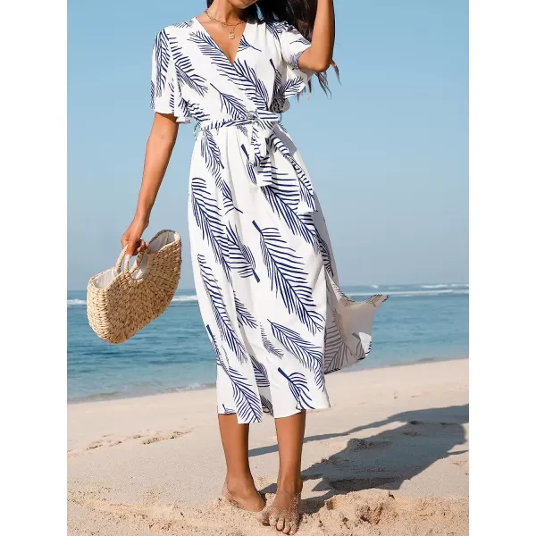 imageCUPSHE Womens Belted Abstract Leaf Print Midi Dress Short Sleeves V Neck Dresses Casual SummerBlue Leaves