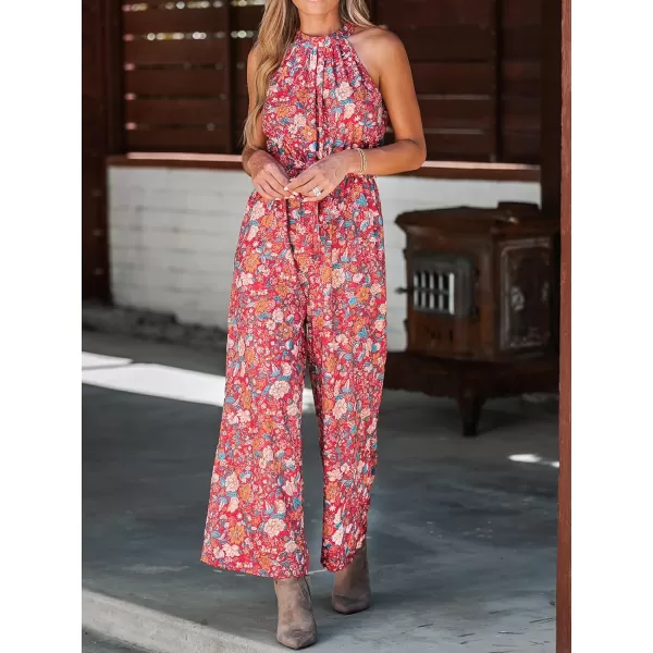 imageCUPSHE Womens Belted Floral Print Mock Neck Jumpsuit SleevelessRed Floral