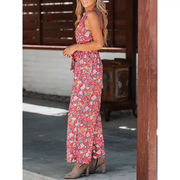 imageCUPSHE Womens Belted Floral Print Mock Neck Jumpsuit SleevelessRed Floral