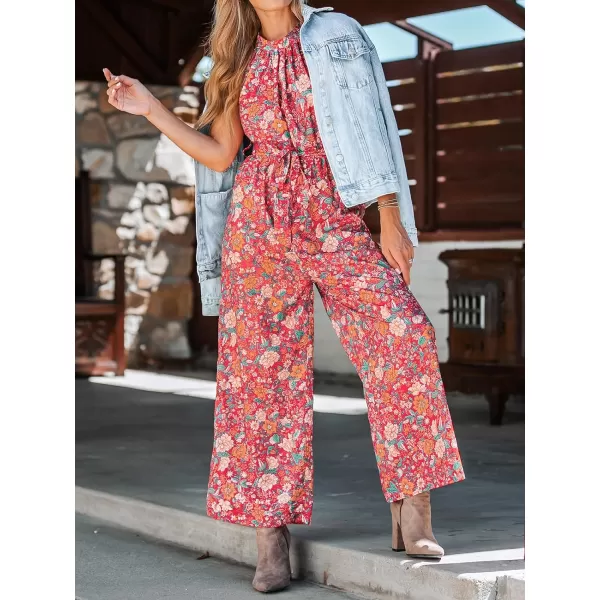 imageCUPSHE Womens Belted Floral Print Mock Neck Jumpsuit SleevelessRed Floral