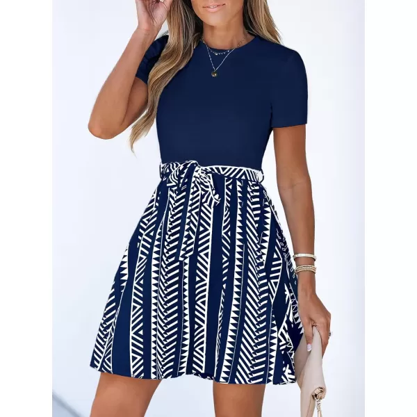 imageCUPSHE Womens Belted Leopard Print Combo Dress Short Sleeves Dress Business Casual SummerNavy Blue
