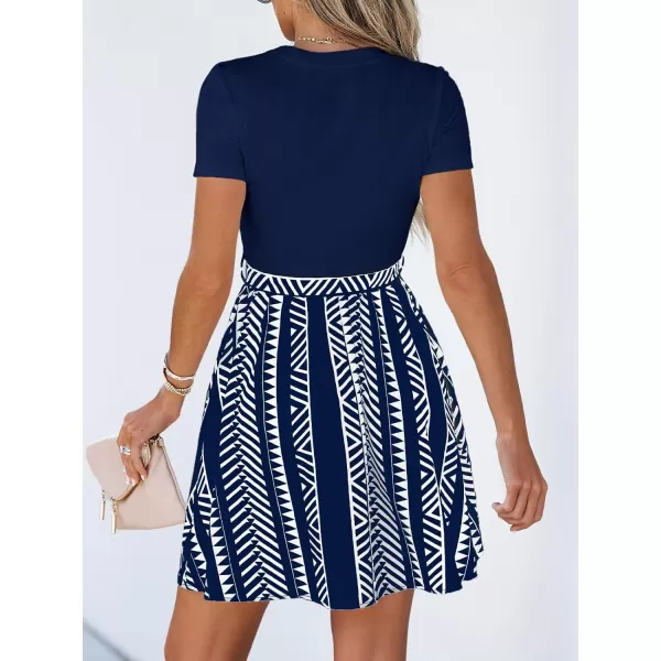 imageCUPSHE Womens Belted Leopard Print Combo Dress Short Sleeves Dress Business Casual SummerNavy Blue