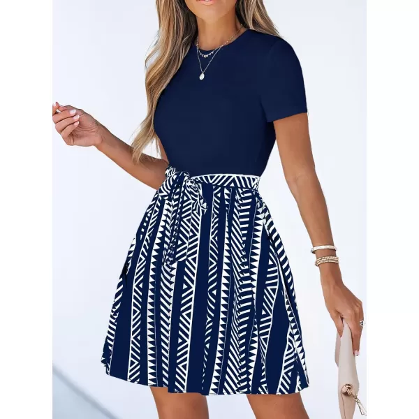 imageCUPSHE Womens Belted Leopard Print Combo Dress Short Sleeves Dress Business Casual SummerNavy Blue