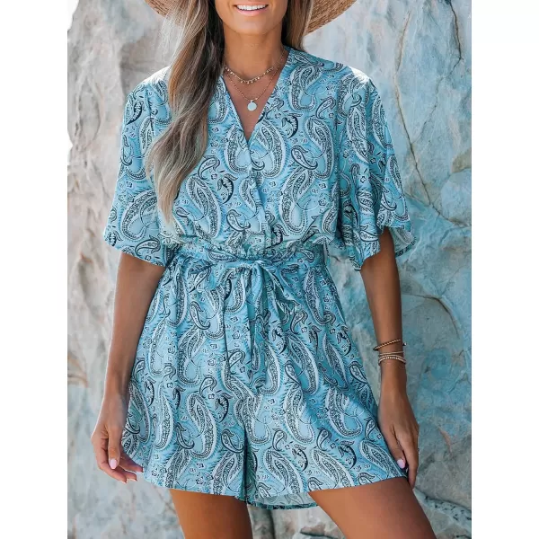 imageCUPSHE Womens Belted Paisley Print Romper Mini Surplice Neck Jumpsuit with Short Dolman SleevesBlue Floral