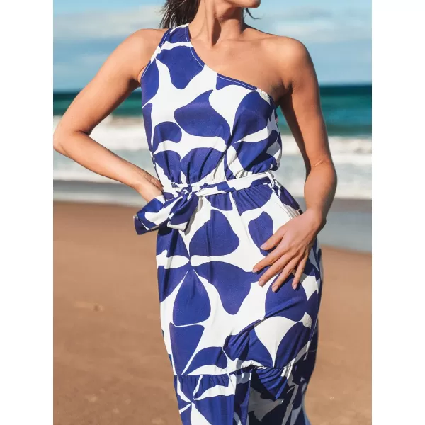 imageCUPSHE Womens Belted Print OneShoulder Dress OneShoulder Summer Maxi DressBlue Floral