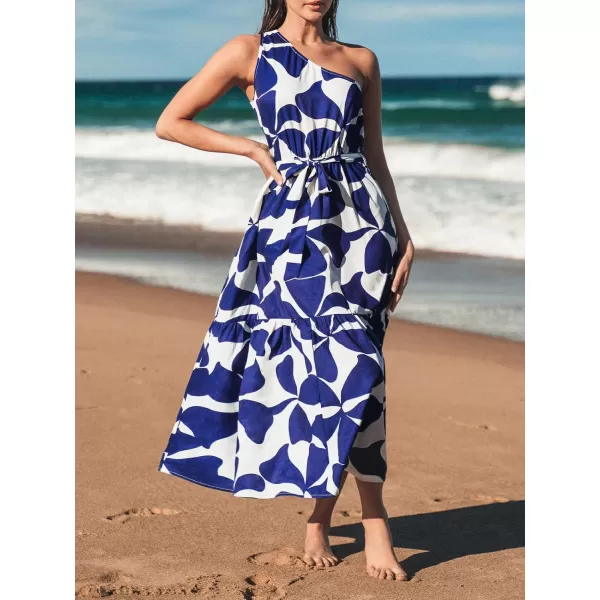 imageCUPSHE Womens Belted Print OneShoulder Dress OneShoulder Summer Maxi DressBlue Floral