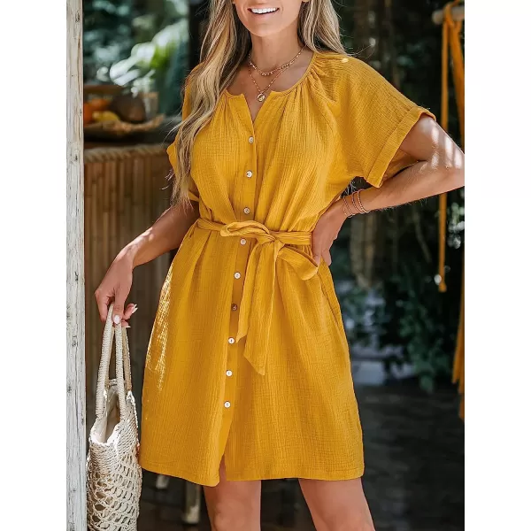 imageCUPSHE Womens Belted Seersucker Mini Dress Short Sleeves Dresses ButtonFront Dressing Casual SummerYellow