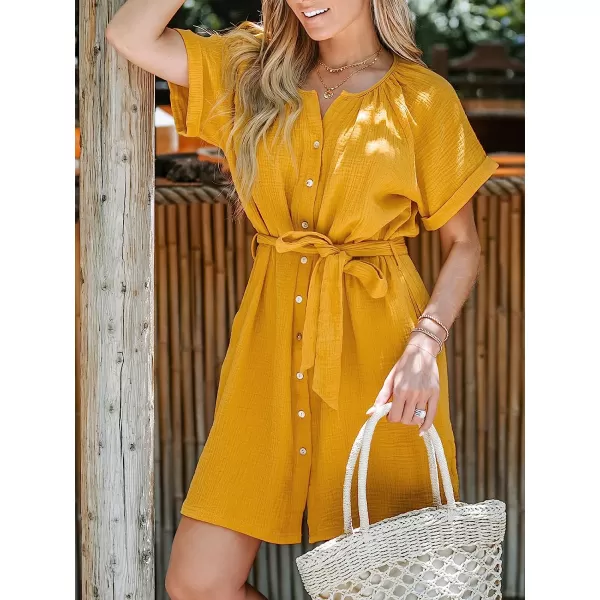 imageCUPSHE Womens Belted Seersucker Mini Dress Short Sleeves Dresses ButtonFront Dressing Casual SummerYellow