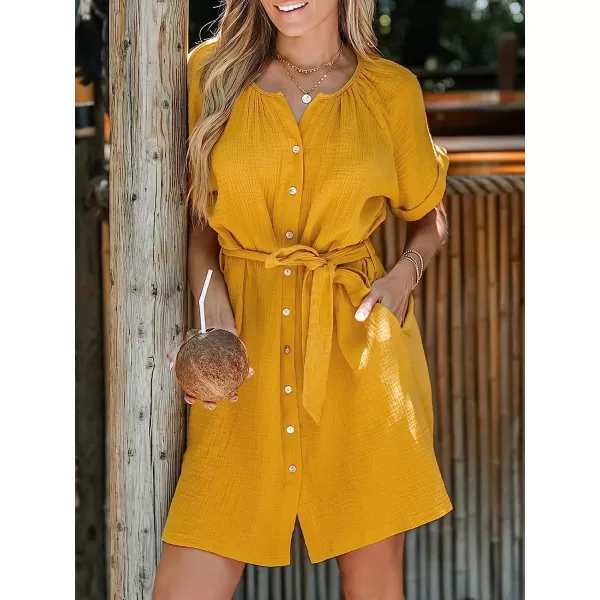 imageCUPSHE Womens Belted Seersucker Mini Dress Short Sleeves Dresses ButtonFront Dressing Casual SummerYellow