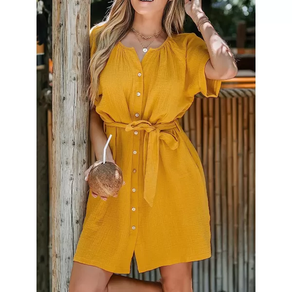 imageCUPSHE Womens Belted Seersucker Mini Dress Short Sleeves Dresses ButtonFront Dressing Casual SummerYellow