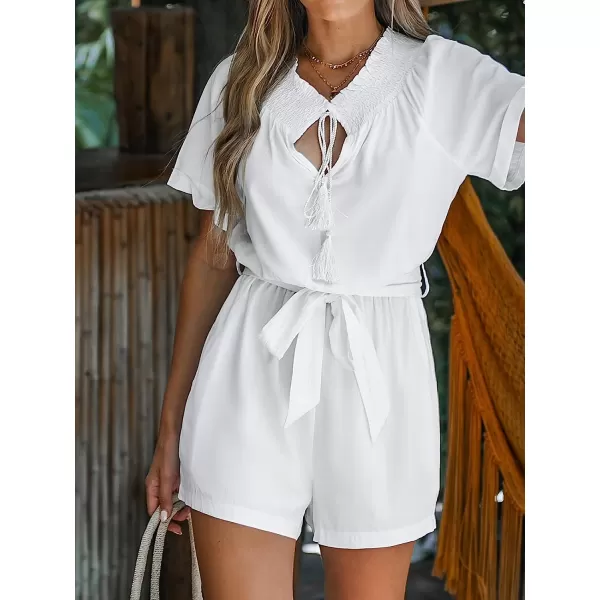 imageCUPSHE Womens Belted Smocked Cutout CoverUp Romper Short Sleeveless Jumpsuit Wide Leg Outfit Casual SummerWhite