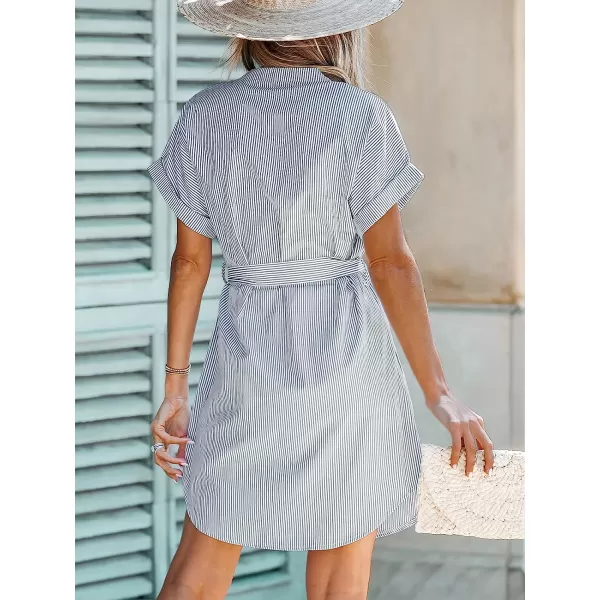 imageCUPSHE Womens Belted Striped ButtonFront Dress Short Sleeves Dresses V Neck Dressing CasualBlue