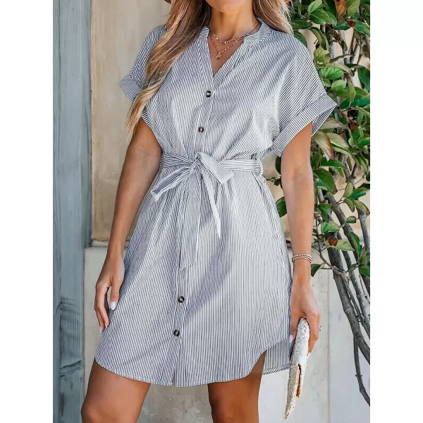 imageCUPSHE Womens Belted Striped ButtonFront Dress Short Sleeves Dresses V Neck Dressing CasualBlue