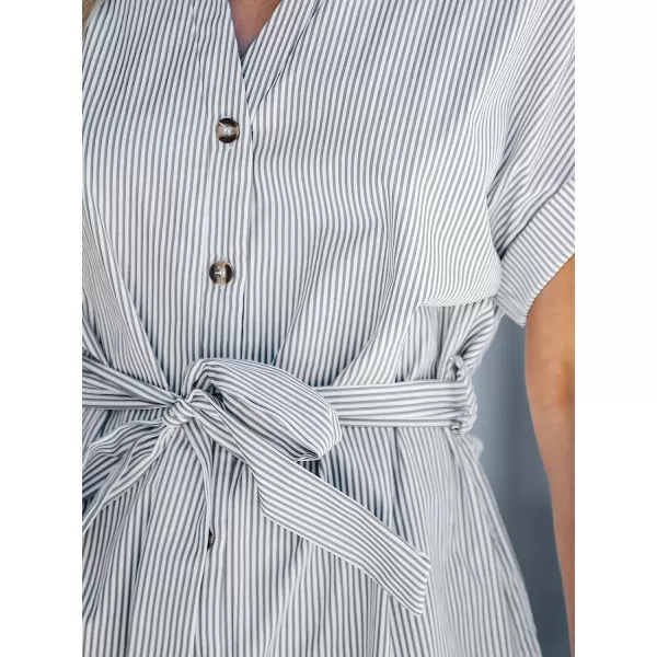 imageCUPSHE Womens Belted Striped ButtonFront Dress Short Sleeves Dresses V Neck Dressing CasualBlue