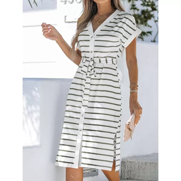 imageCUPSHE Womens Belted Striped Midi Dress Short Sleeves ButtonFront Dresses Casual SummerBlack