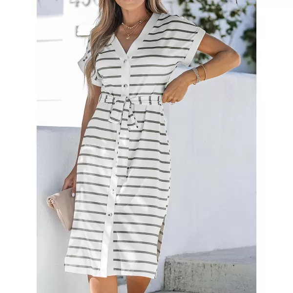 imageCUPSHE Womens Belted Striped Midi Dress Short Sleeves ButtonFront Dresses Casual SummerBlack