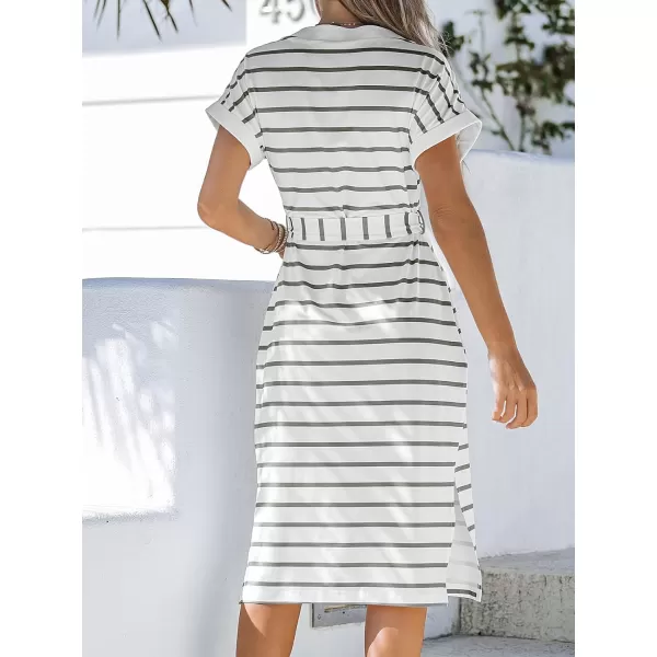 imageCUPSHE Womens Belted Striped Midi Dress Short Sleeves ButtonFront Dresses Casual SummerBlack