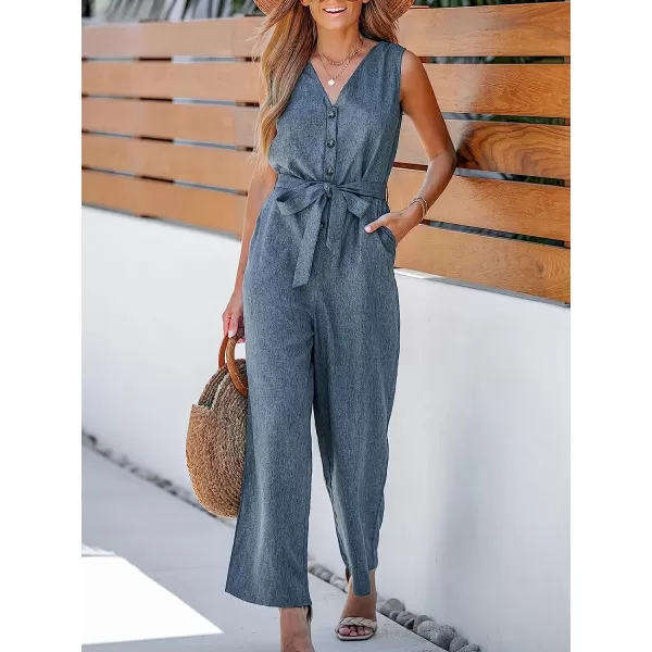 imageCUPSHE Womens Belted VNeck Buttoned Jumpsuit Sleeveless Jumpsuits Straight Leg Outfit CasualGrey