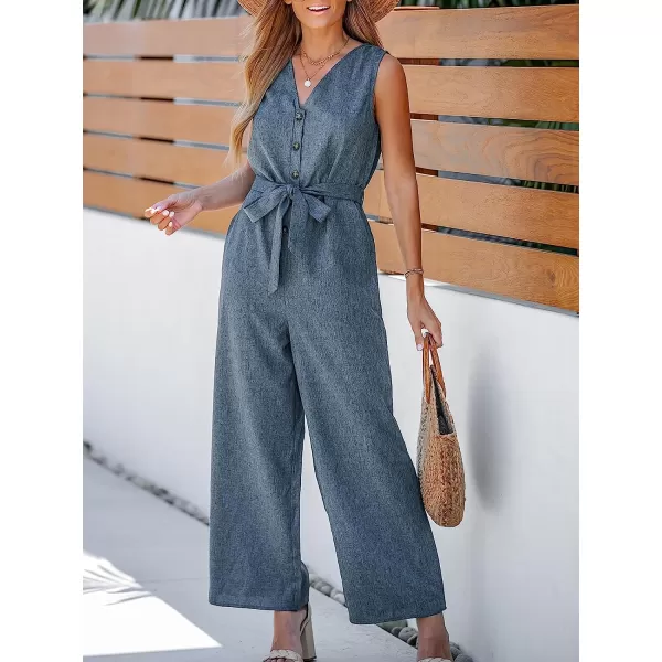 imageCUPSHE Womens Belted VNeck Buttoned Jumpsuit Sleeveless Jumpsuits Straight Leg Outfit CasualGrey