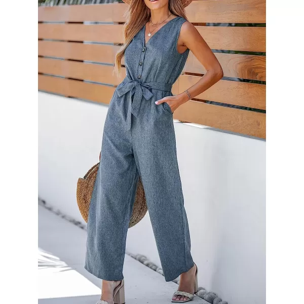 imageCUPSHE Womens Belted VNeck Buttoned Jumpsuit Sleeveless Jumpsuits Straight Leg Outfit CasualGrey