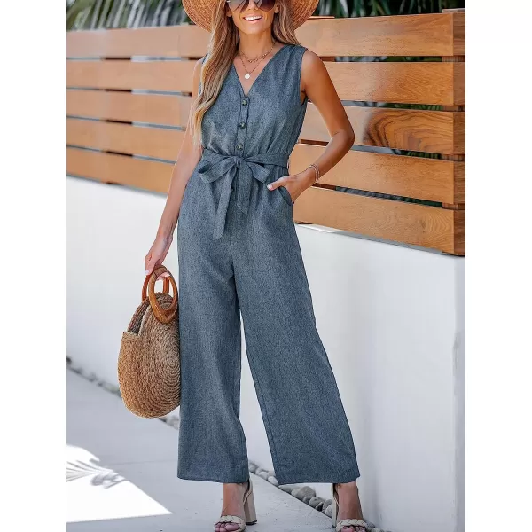 imageCUPSHE Womens Belted VNeck Buttoned Jumpsuit Sleeveless Jumpsuits Straight Leg Outfit CasualGrey