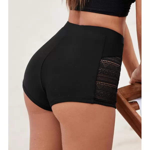 imageCUPSHE Womens Bikini Bottom Bathing Suit High Waisted Swimwear Full Coverage Side Cutout Jacquard LaceBlack