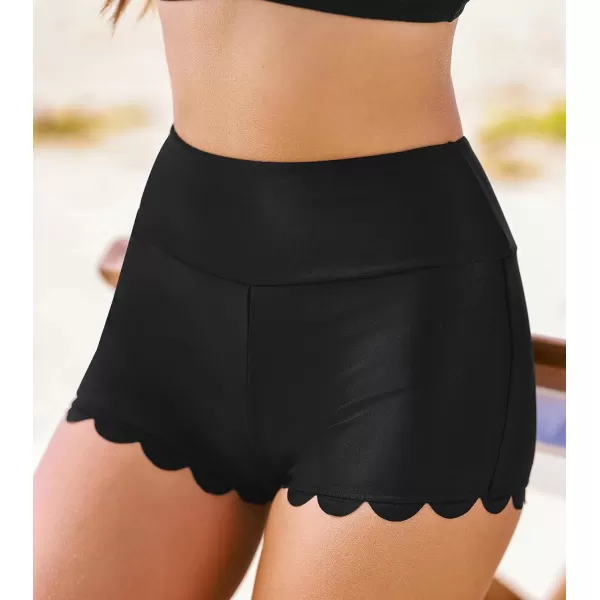 imageCUPSHE Womens Bikini Bottom High Waisted Scalloped Hem Swim Shorts Low Cut LegBlack